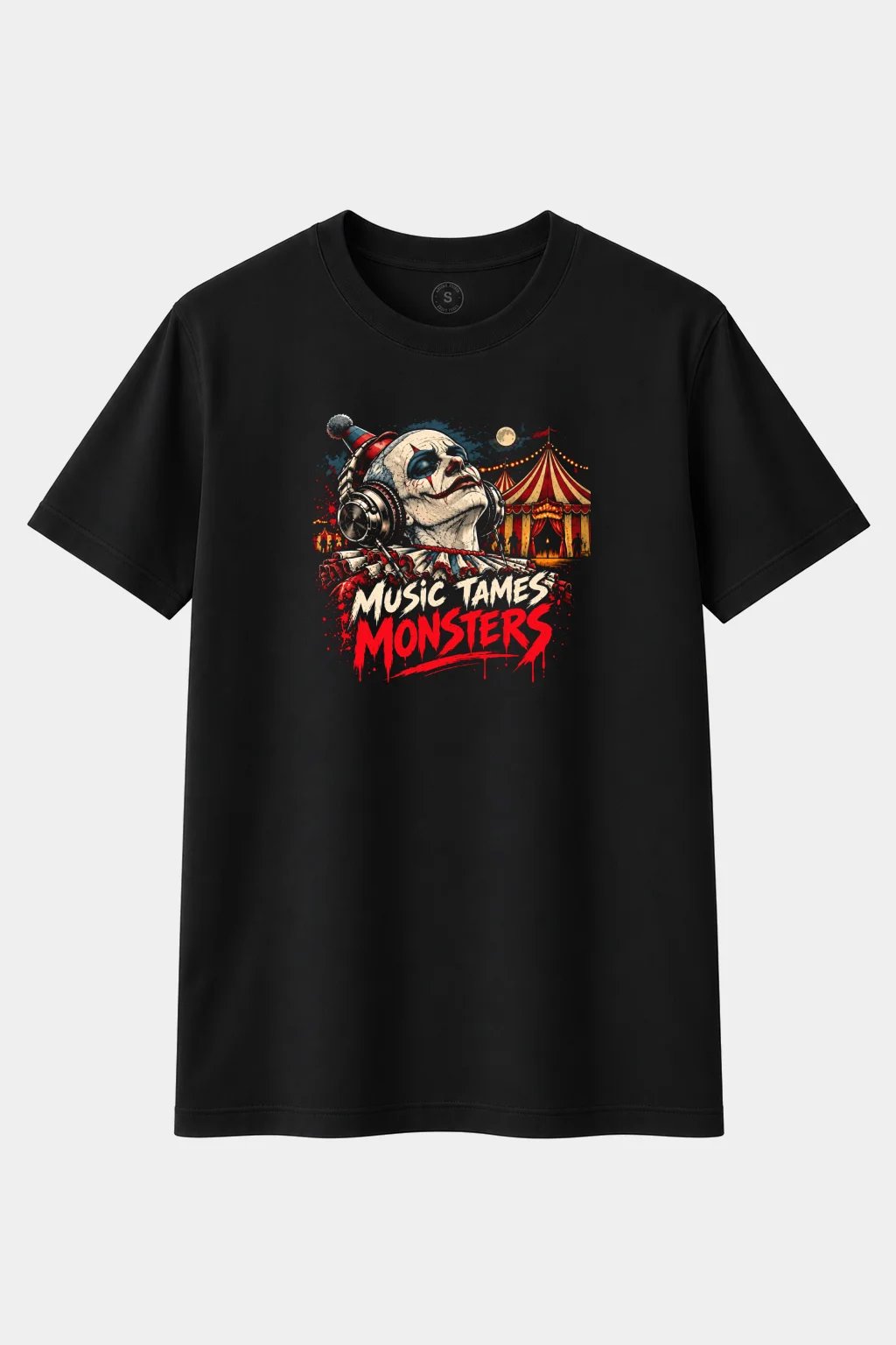 Camiseta Payaso de Circo con Auriculares “Music Tames Monsters” – Terror Vintage - imagen 1