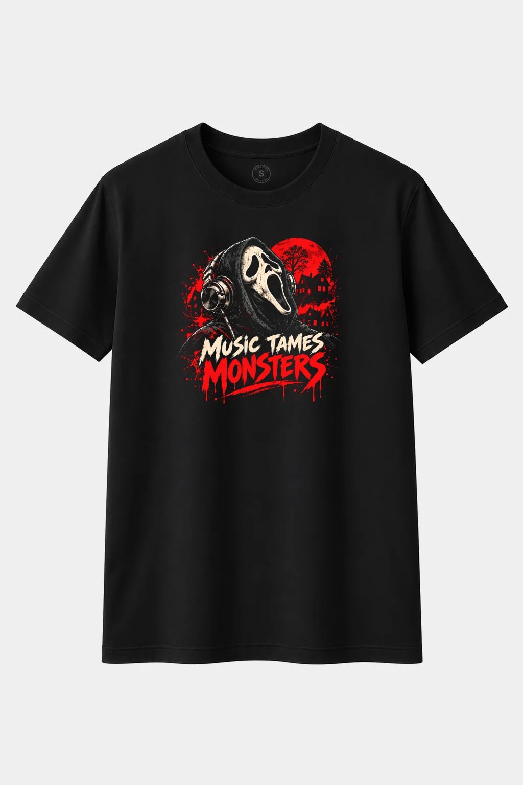 Camiseta Fantasma con Auriculares “Music Tames Monsters” – Terror y Música - imagen 1