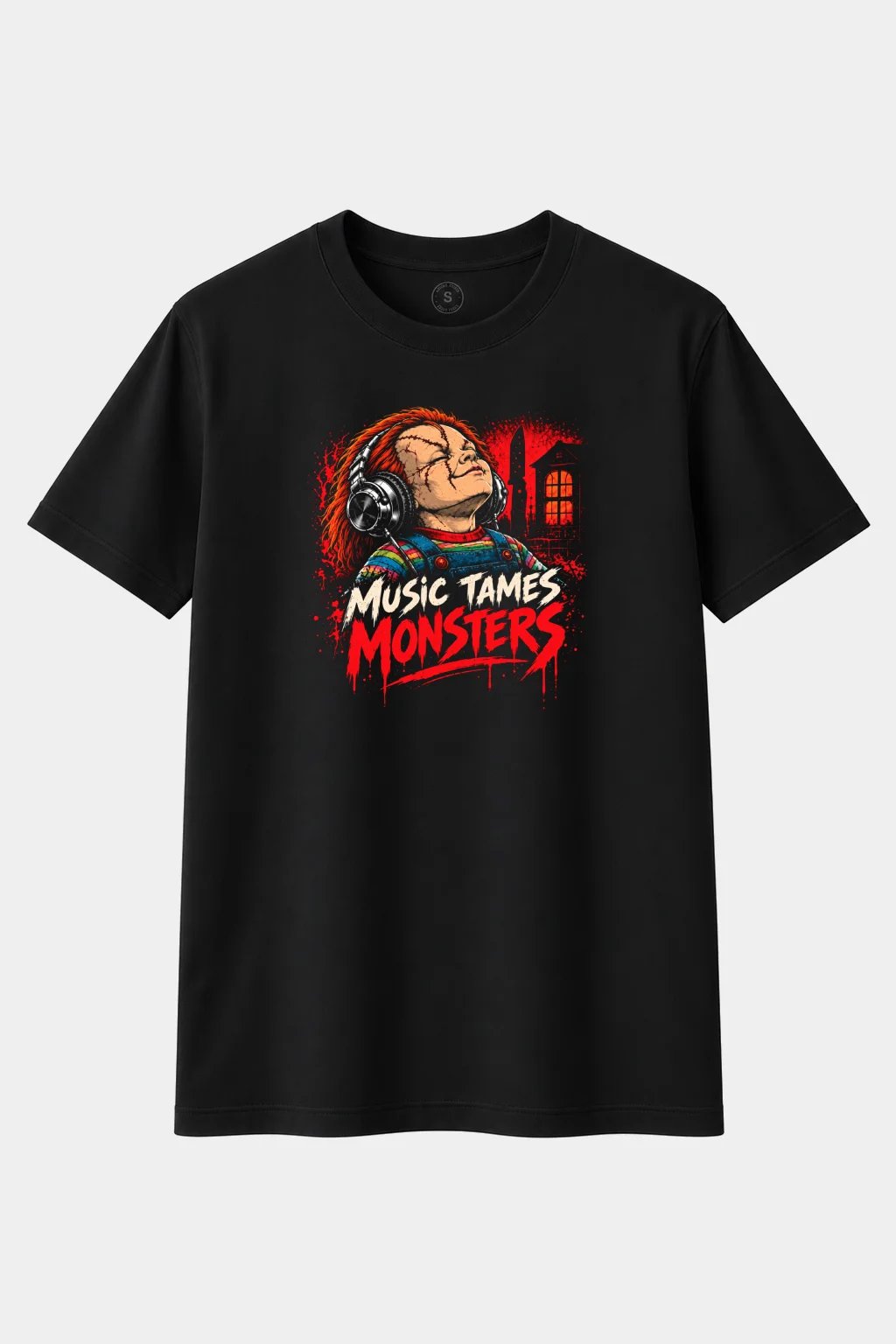 Camiseta Muñeco Diabólico con Auriculares “Music Tames Monsters” – Terror y Humor - imagen 1